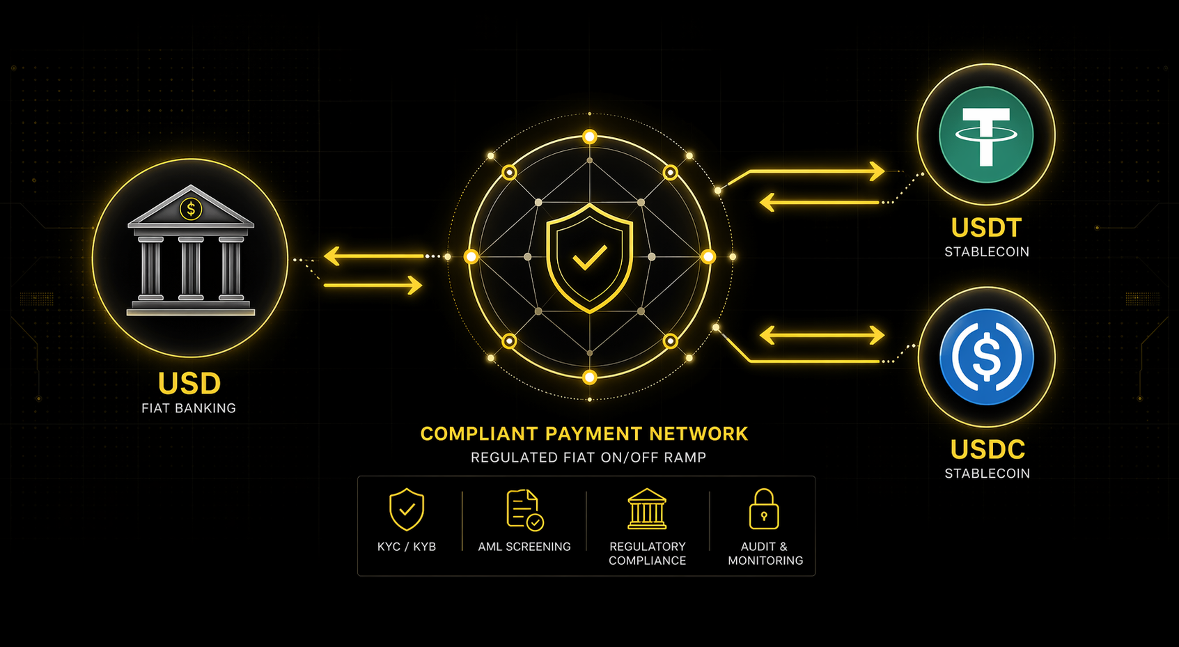 USD and stablecoin compliant on/off ramp
