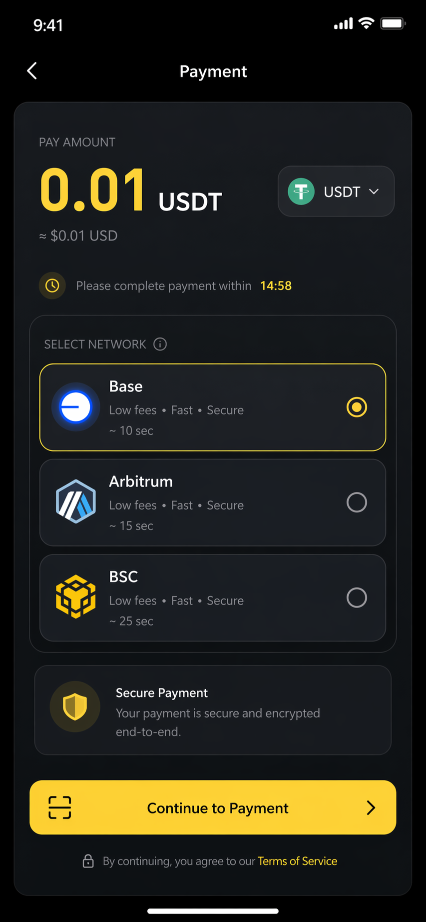 USDT payment method screen