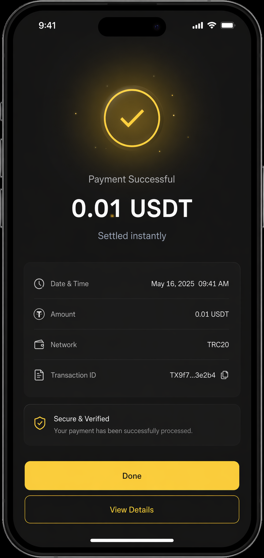 Instant settlement success screen